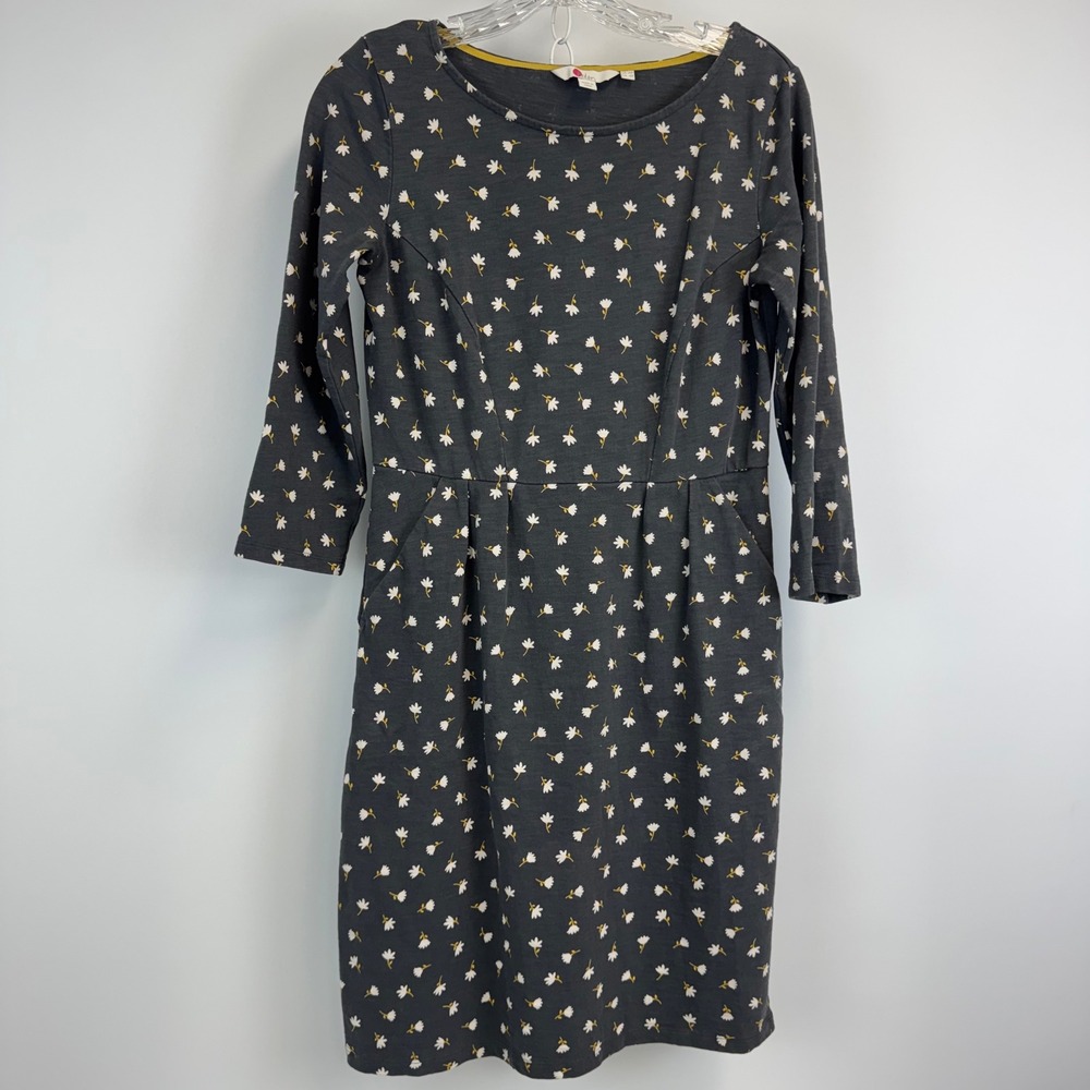 Boden Womens Charcoal Grey Floral Cotton Jersey Pocket Dress 6P 3/4 Sleeve J0074